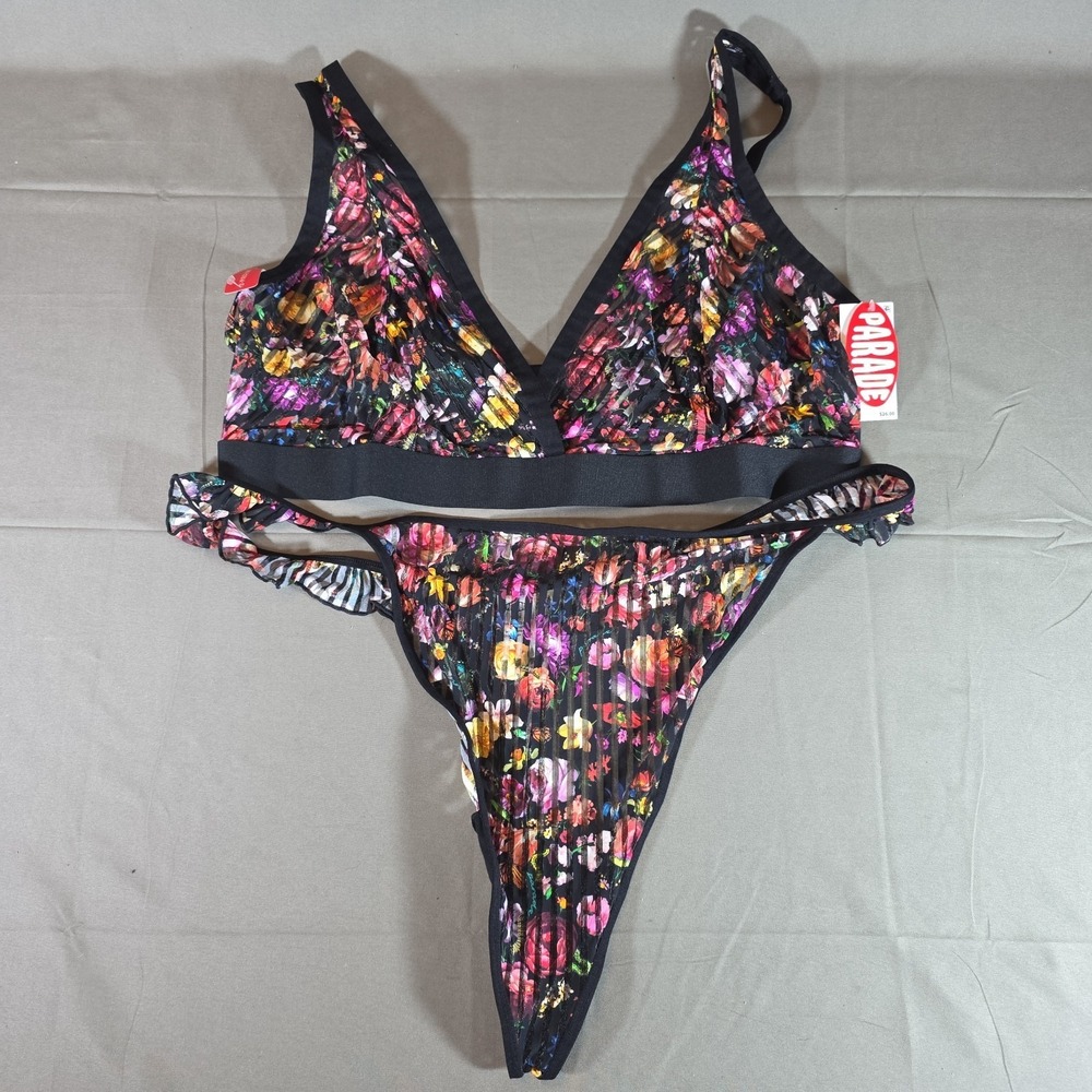 Parade Womens Black Floral Print Plus Size Bra & Thong Panty Set 3XL
